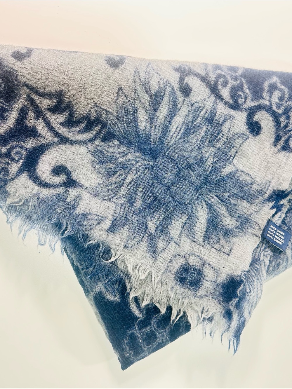 Blue Wool Floral Fringe scarf made in Italy 56x70